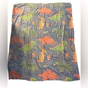 Plush Dino Print Throw Blanket - Blue with Green & Orange Dinosaurs